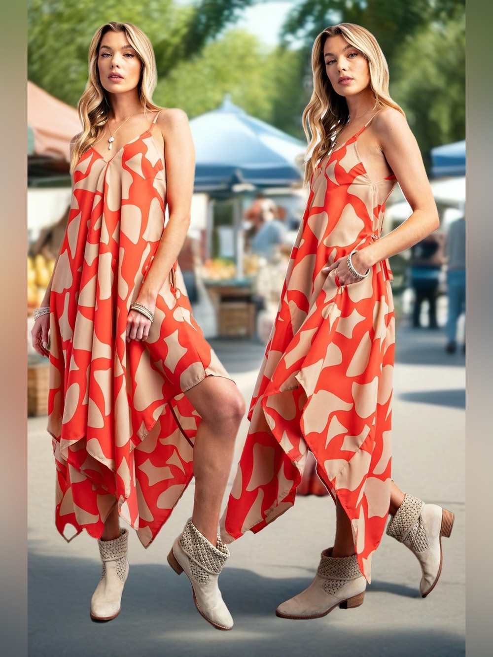 Easel Soleil Asymmetrical Handkerchief Hem Midi Maxi Midaxi Dress Coral Red Tan